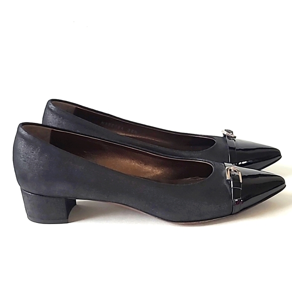 AGL Block Heel Pumps, Black Canvas & Patent Leather Shoes, Size 8 - Picture 4 of 13